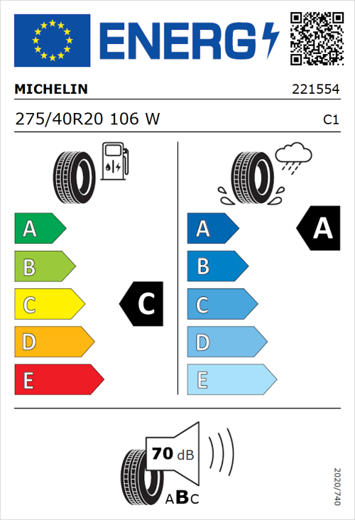 Tyre Label for Michelin Latitude Sport 3 (ZP) 275/40R20 106W